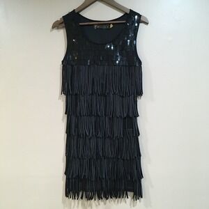 Parisian 1920s Flapper Mini Dress Womens S/M Black Sequin Fringe Cocktail Party